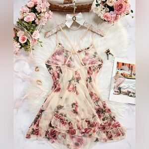 NEW Gorgeous Mesh Rose Dress Mini Ruffle Hem Adjustable Rosette Sheer Racerback